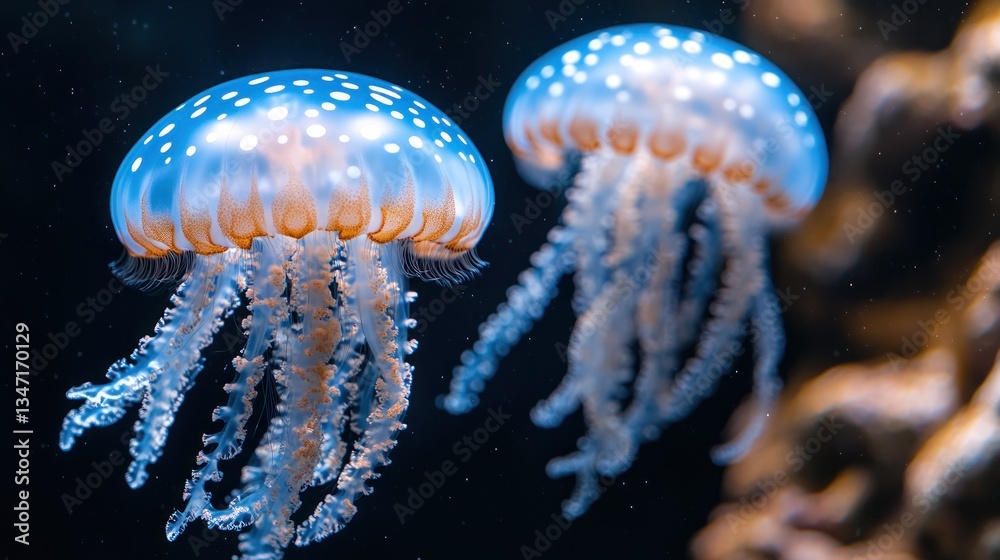 Two luminous jellyfish in a dark aquarium Two luminous jellyfish in a dark aquarium