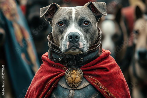 Dog dressed as a Roman warrior in a majestic stance, wearing a golden helmet and armor. A playful and regal combination of cuteness and historical inspiration.