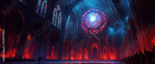 A cathedral interior illuminated by stained glass and vibrant red light