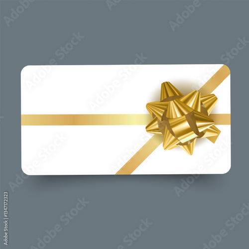 Elegant gift card with golden bow and ribbon on a white background