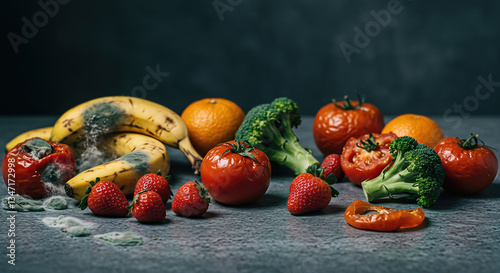 Closeup of rotting fruits and vegetables in various stages of decay