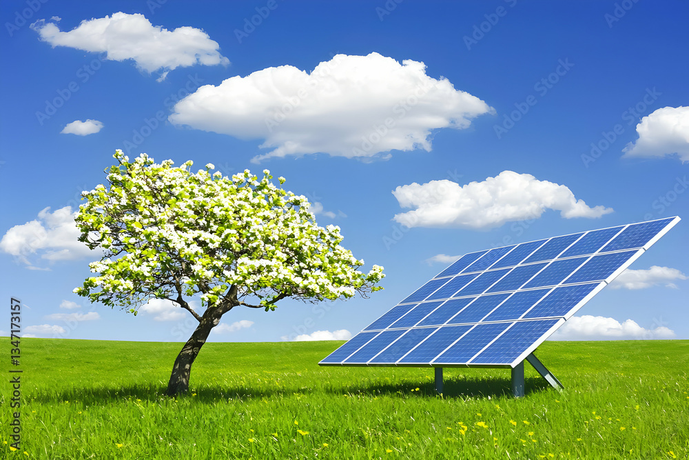 Springtime solar panel in field, clean energy