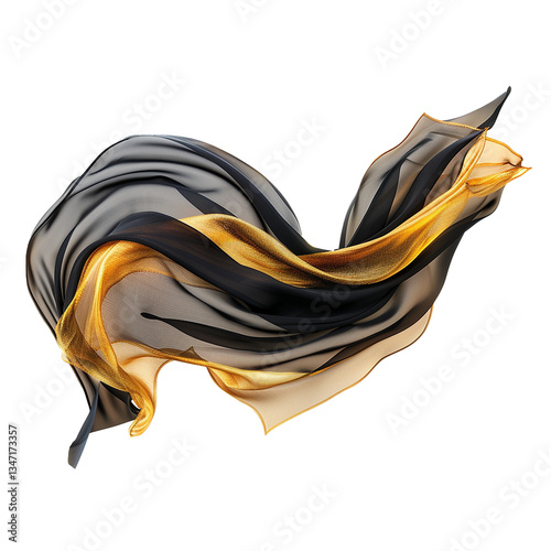 Abstract swirling black and gold fabric flowing in the air, elegant and luxurious textile art