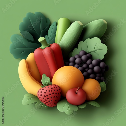 Colorful paper-cut style fruits and vegetables on green background