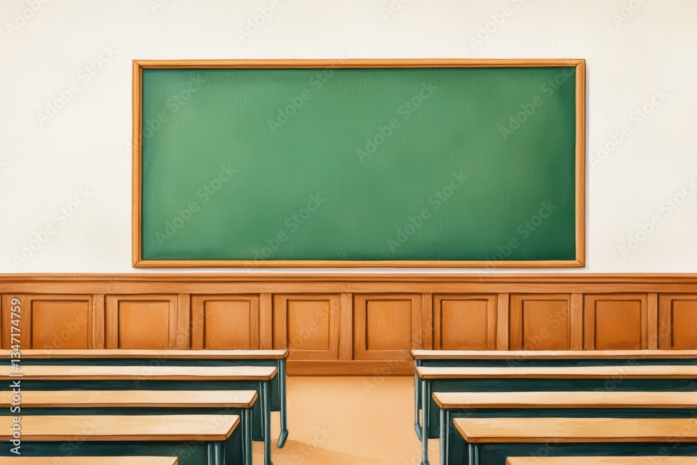 Watercolor Painting of a Classroom with Desks and a Green Chalkboard on a Bright Background Watercolor Painting of a Classroom with Desks and a Green Chalkboard on a Bright Background