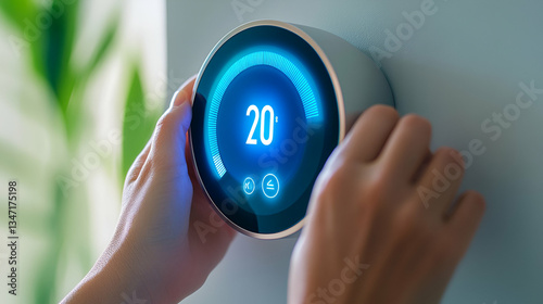 A person sets the temperature on a smart thermostat at home to create a cozy atmosphere