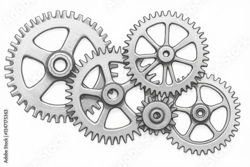 Detailed pencil drawing of five interlocking gears with visible teeth and spokes, isolated on a white background. Illustrating mechanical systems, engineering concepts, and technical education.