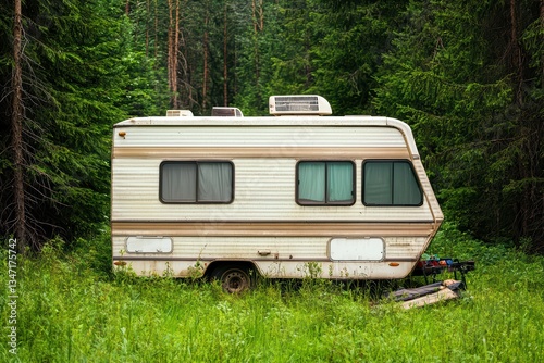 Abandoned Camping Trailer in Overgrown Forest Surrounded by Tall Green Trees and Vegetation