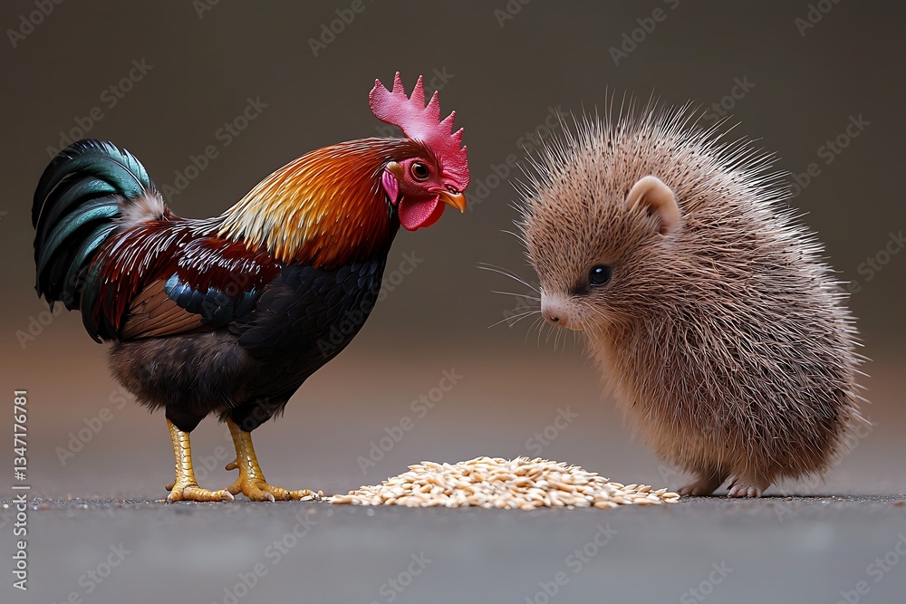 Naklejka premium Rooster and porcupine sharing food