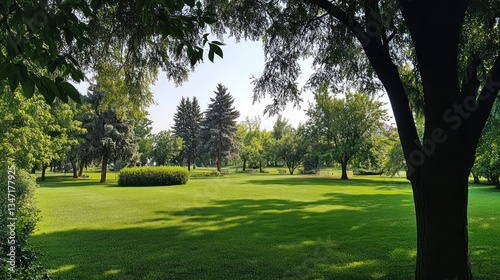 Serene Park Landscape: Lush Greenery and Tranquil Atmosphere