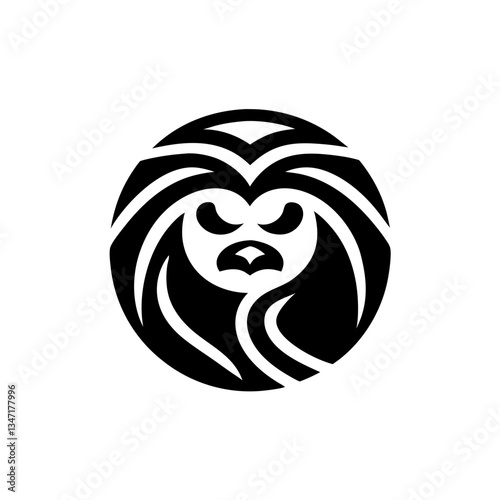 a stylized black and white image of a lion's head in a circular shape, evoking strength and power