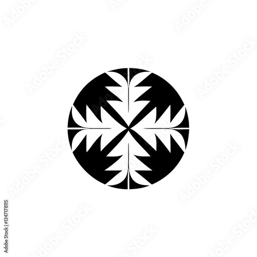 geometric arrow in a circle. The black and white contrast is strong, drawing the eye to the symmetrical design