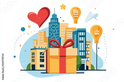 Urban Landscape with Gift Box and Shopping Icons for Commerce and Competition Concepts