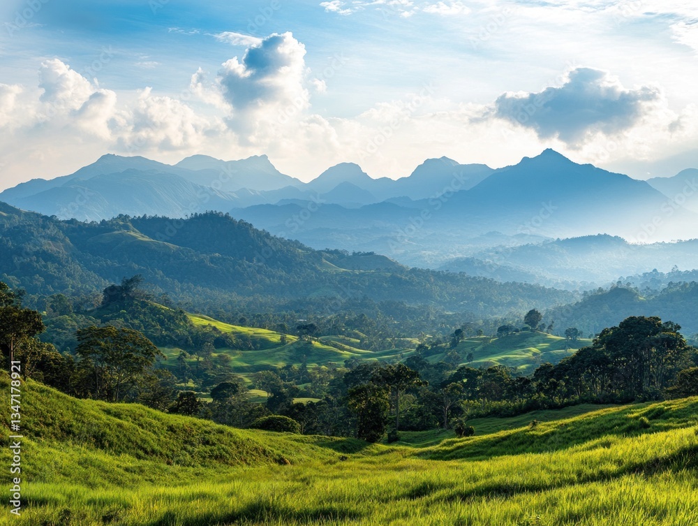 Obraz premium Lush green valley nestled amongst towering blue mountains, bathed in the soft light of the evening sun. Rolling hills, dense foliage, and distant peaks create a serene landscape