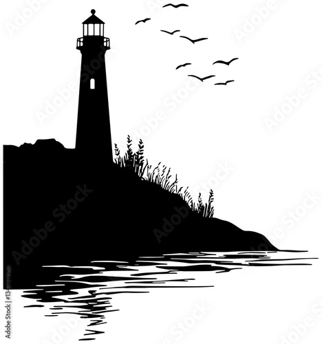 Silhouette of a lighthouse on an island, isolated 