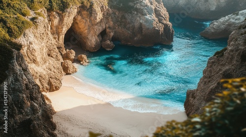A beautiful hidden beach embraced by tall majestic rocky cliffs