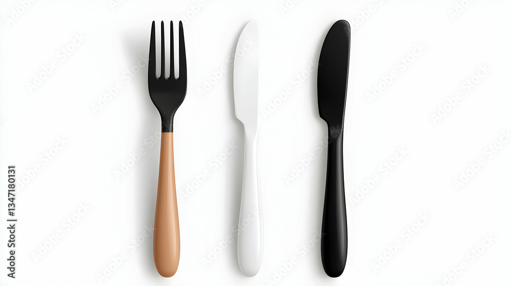 Black White and Brown Plastic Cutlery Set on White Background Black White and Brown Plastic Cutlery Set on White Background
