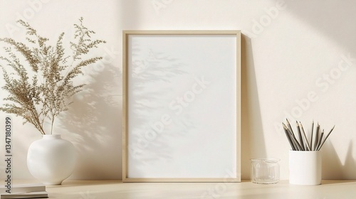 Minimalist White Poster Frame on Beige Desk with Decorative Plants