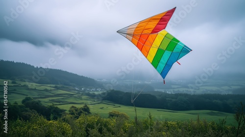 A rainbow-colored kite flying against a cloudy sky over a lush green landscape