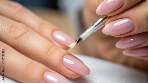 nail technician carefully applies top coat to perfectly manicured nails, showcasing professional and polished look