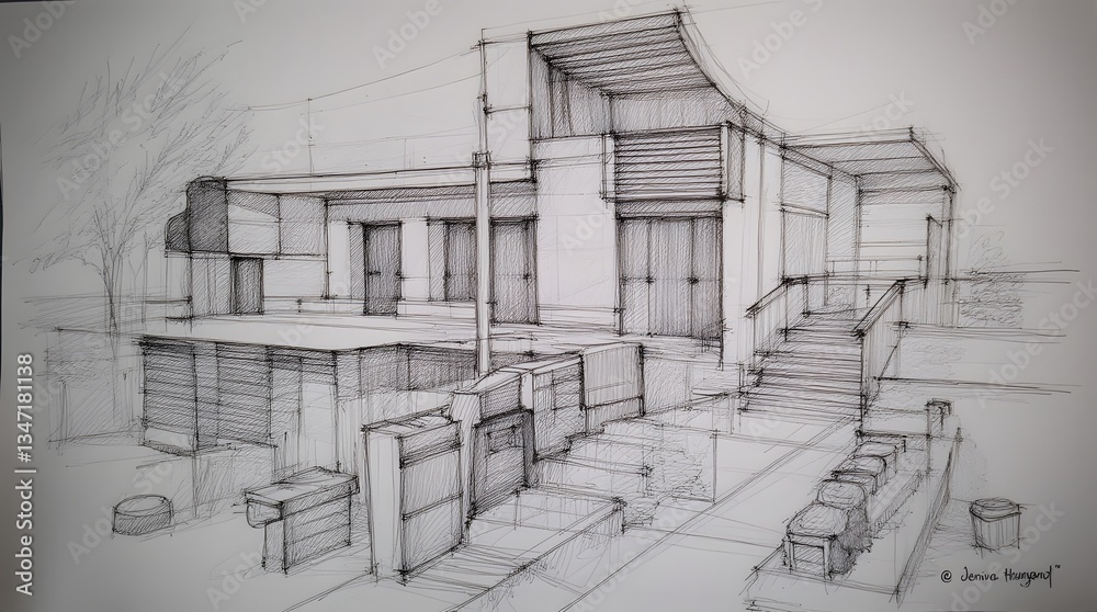 Fototapeta premium Architectural sketch of a modern building design showcasing contemporary style and structural elements in daylight
