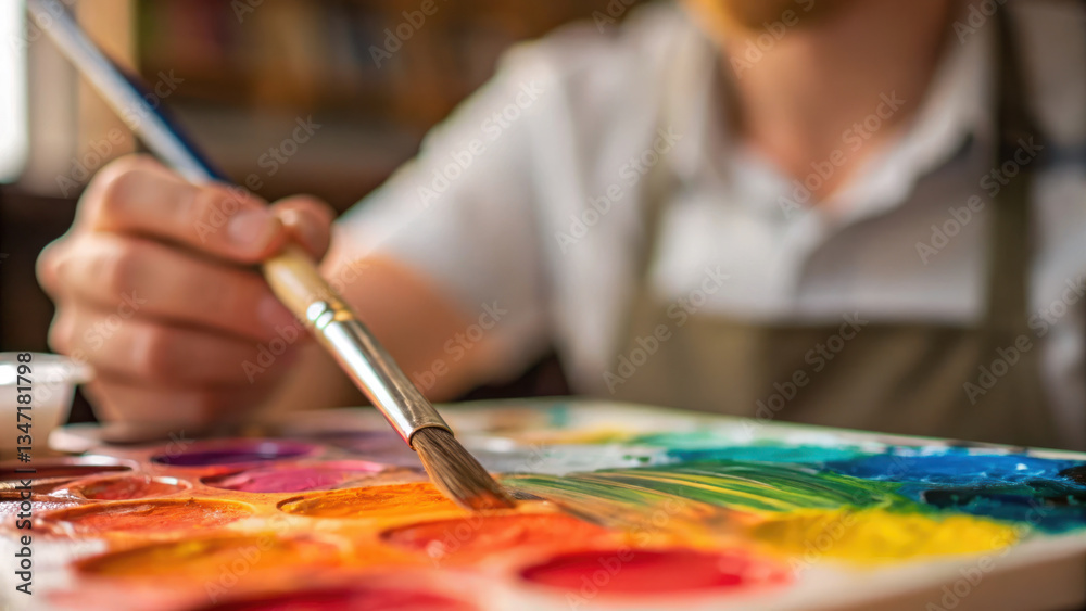 Fototapeta premium painter skillfully blends hues palette, showcasing creativity and passion for art. scene captures essence of artistic