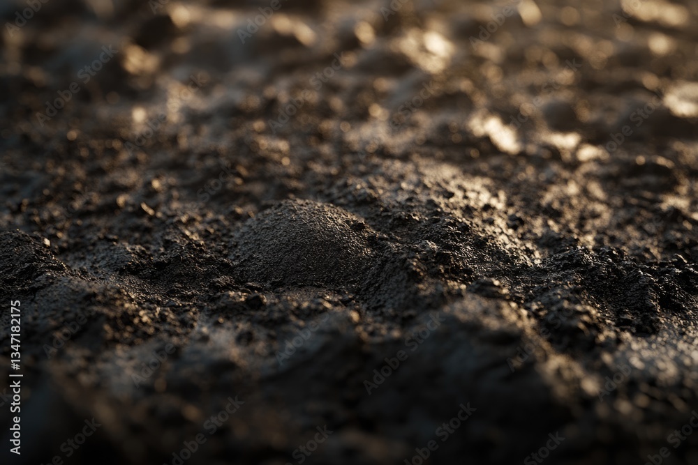Close-up view of dark, rough, textured ground illuminated by warm sunlight. Close-up view of dark, rough, textured ground illuminated by warm sunlight.
