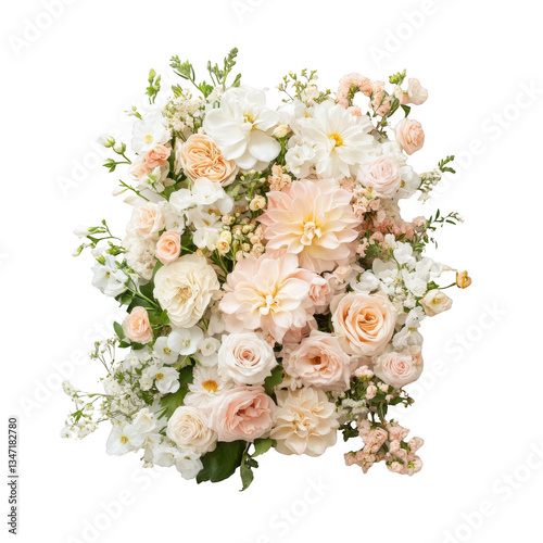 A bouquet of flowers with a white background. The flowers are arranged in a way that they look like they are in a vase. The flowers are of different colors and sizes