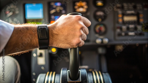 close up of pilot hand gripping throttle lever in aircraft cockpit, showcasing focus and precision