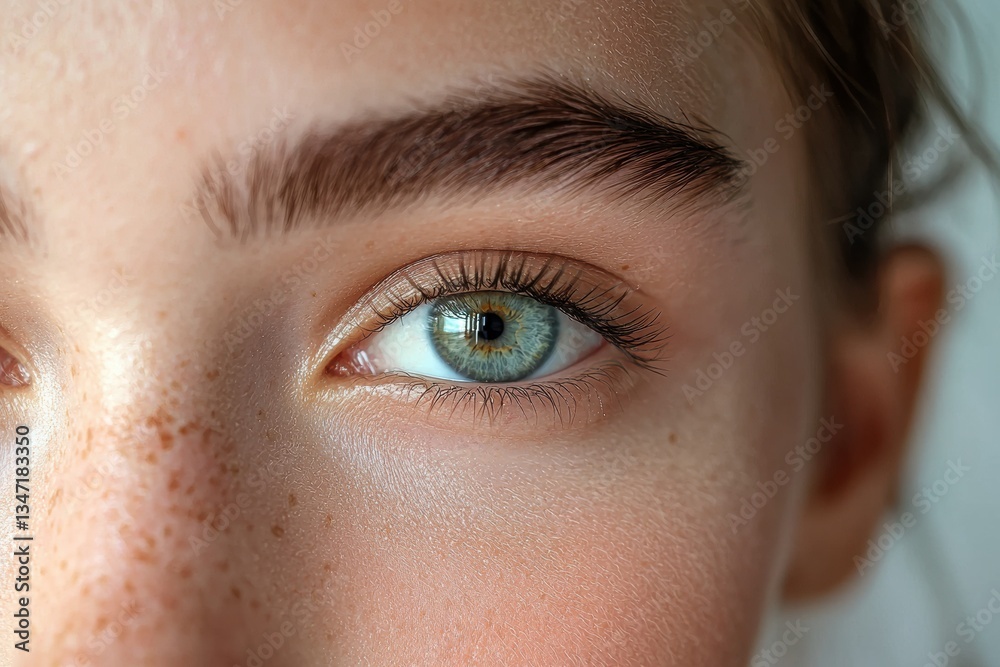 Fototapeta premium Close-up portrait revealing vibrant green eyes, delicate freckles, and sweeping lashes on young female face