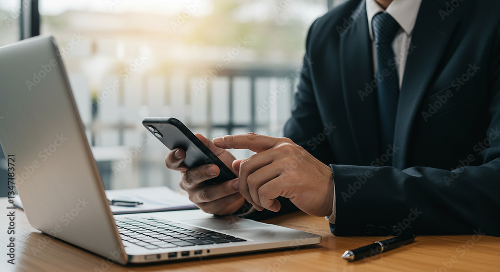 Businessman using smartphone next to laptop and pen on desk in office during the daytime work hours Businessman using smartphone next to laptop and pen on desk in office during the daytime work hours