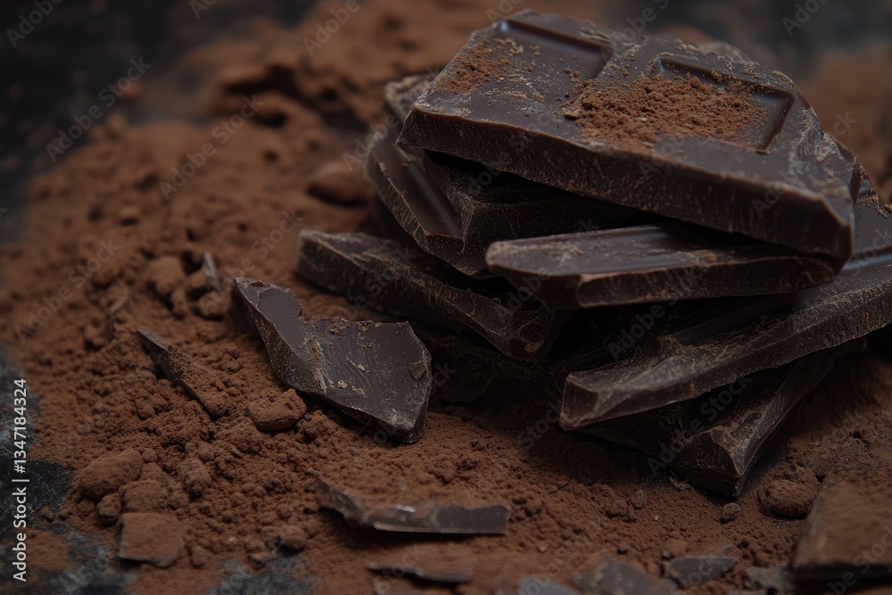 Dark chocolate pieces stacked and cocoa powder Dark chocolate pieces stacked and cocoa powder