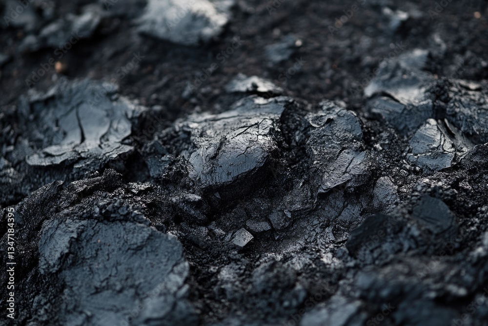 Close-up view of dark, cracked, textured surface resembling asphalt or volcanic rock. Close-up view of dark, cracked, textured surface resembling asphalt or volcanic rock.