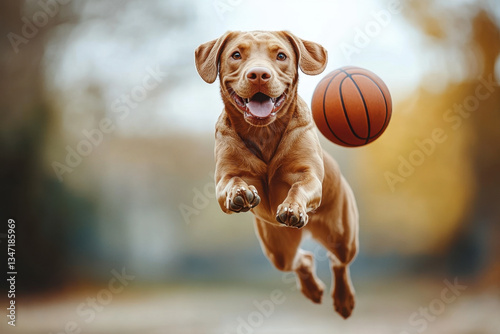 Dog joyfully running with a basketball in mouth.