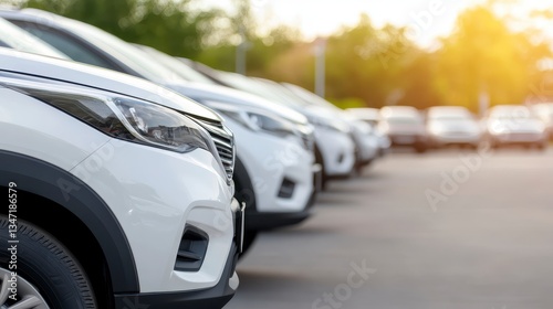 Fleet of White Cars: A line of pristine white cars gleams under the warm sunlight, creating a sense of order and abundance in this automotive arrangement.