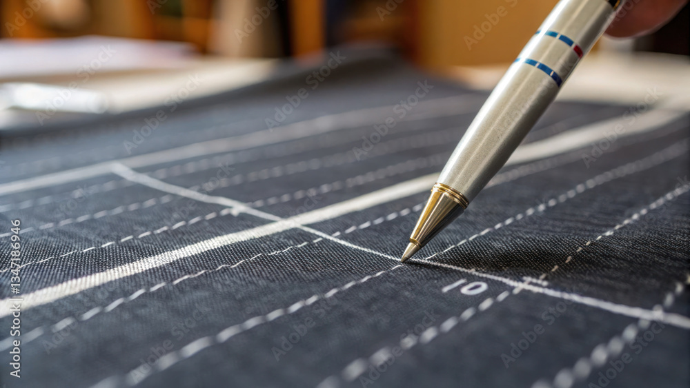 Fototapeta premium Close up of pen marking precise lines on fabric, showcasing art of tailoring and attention to detail