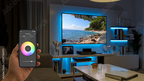 Blue LED strip behind the TV and shelves. The atmosphere is relaxing for watching movies. The hand holding the smartphone symbolizes the easy control of the lights via the app. Smart home in the palm 