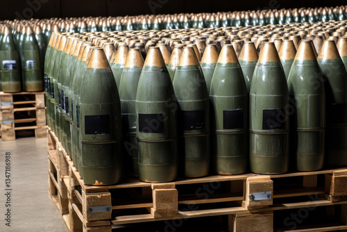 Rows of military artillery shells on wooden pallets in warehouse, industrial setting, organized and strategic storage, defense logistics concept