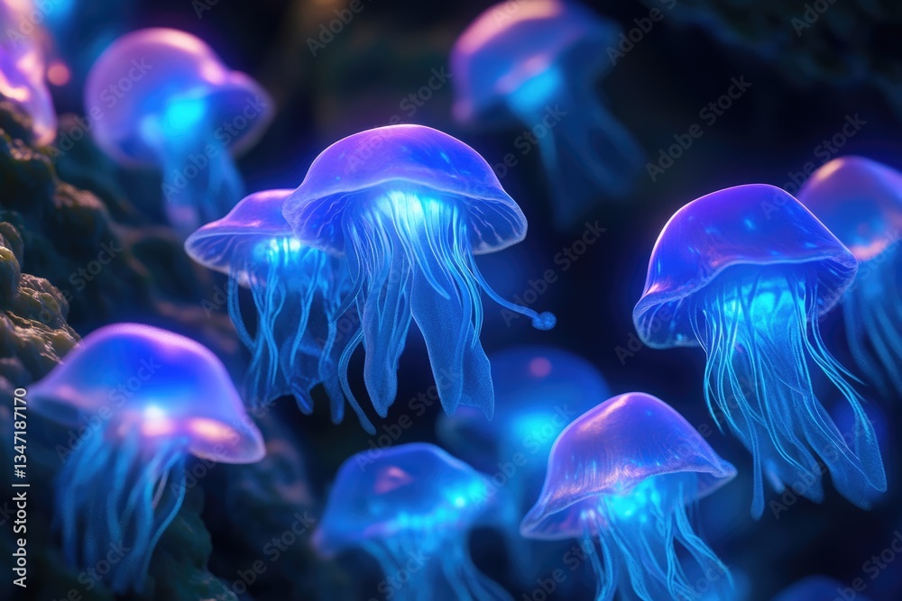 Fototapeta premium Glowing jellyfish gracefully float in the dark ocean depths, their bioluminescence illuminating the scene.