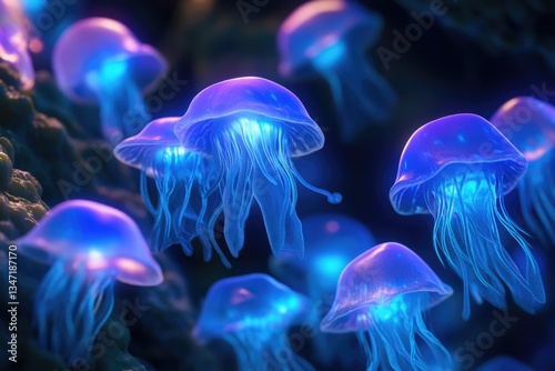 Glowing jellyfish gracefully float in the dark ocean depths, their bioluminescence illuminating the scene.