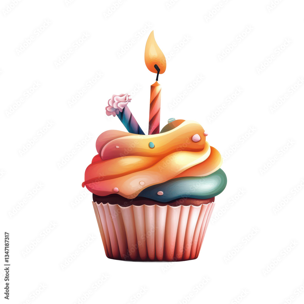 Delicious Birthday Cupcake with Swirled Frosting and Lit Candle Sweet Treat Illustration Delicious Birthday Cupcake with Swirled Frosting and Lit Candle Sweet Treat Illustration