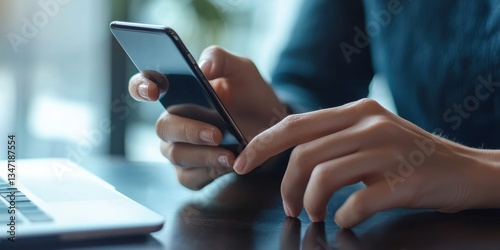 Close-up of female hands scrolling on modern mobile phone while working on laptop, concept of technology and communication