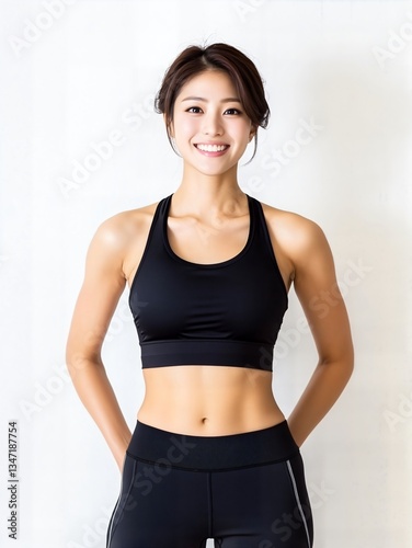 日本人 女性 美しい 筋肉 パーソナル トレーナー スマイル バストショット 黒 灰色 白 背景