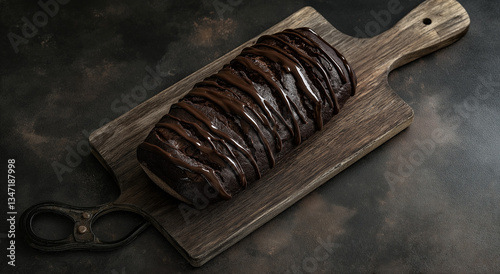 Pão de chocolate lindamente exposto em uma tábua de madeira, exibindo a textura rica e a aparência deliciosa do pão de chocolate, perfeito para qualquer projeto temático de padaria ou culinária