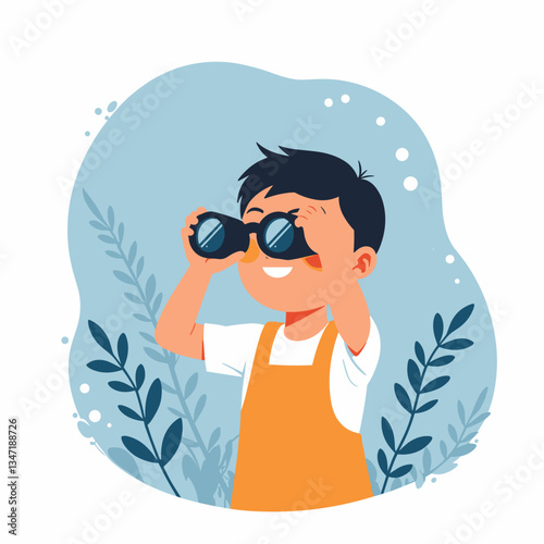 Child exploring with binoculars, joyful curiosity in nature, discovery