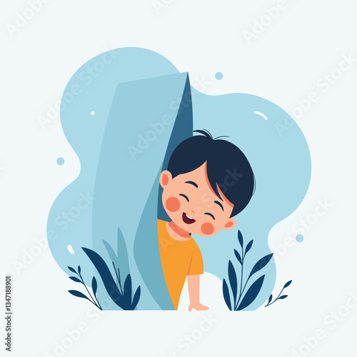 Child playing hide and seek, joyfully peeking from behind a shape, fun