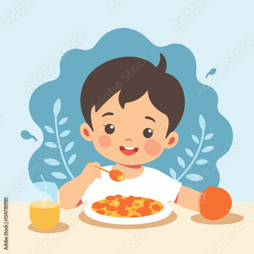 Child enjoying a cheerful breakfast with pasta at home, warmth and joy