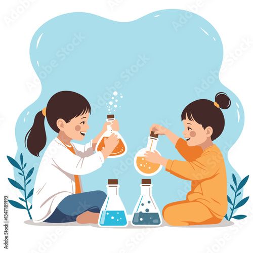 Kids' science experimentation joyfully mixing colorful liquids, playful learning