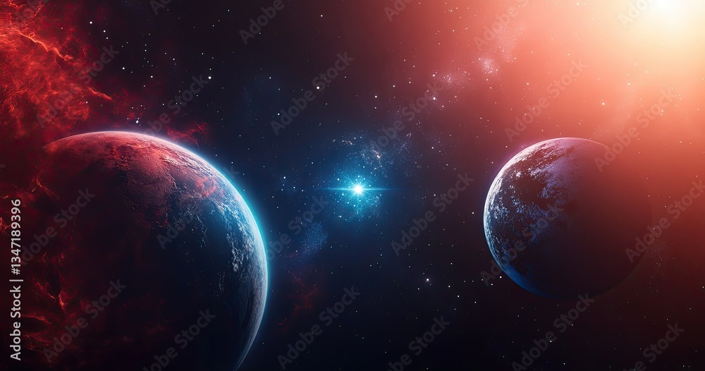 Obraz premium Two planets in space, glowing star