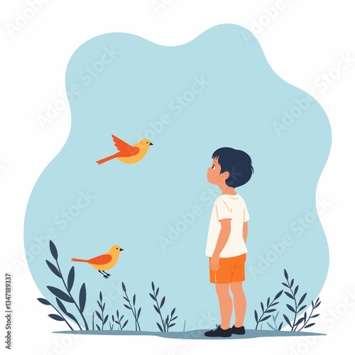 Child admiring birds with curiosity, joyful exploration in nature